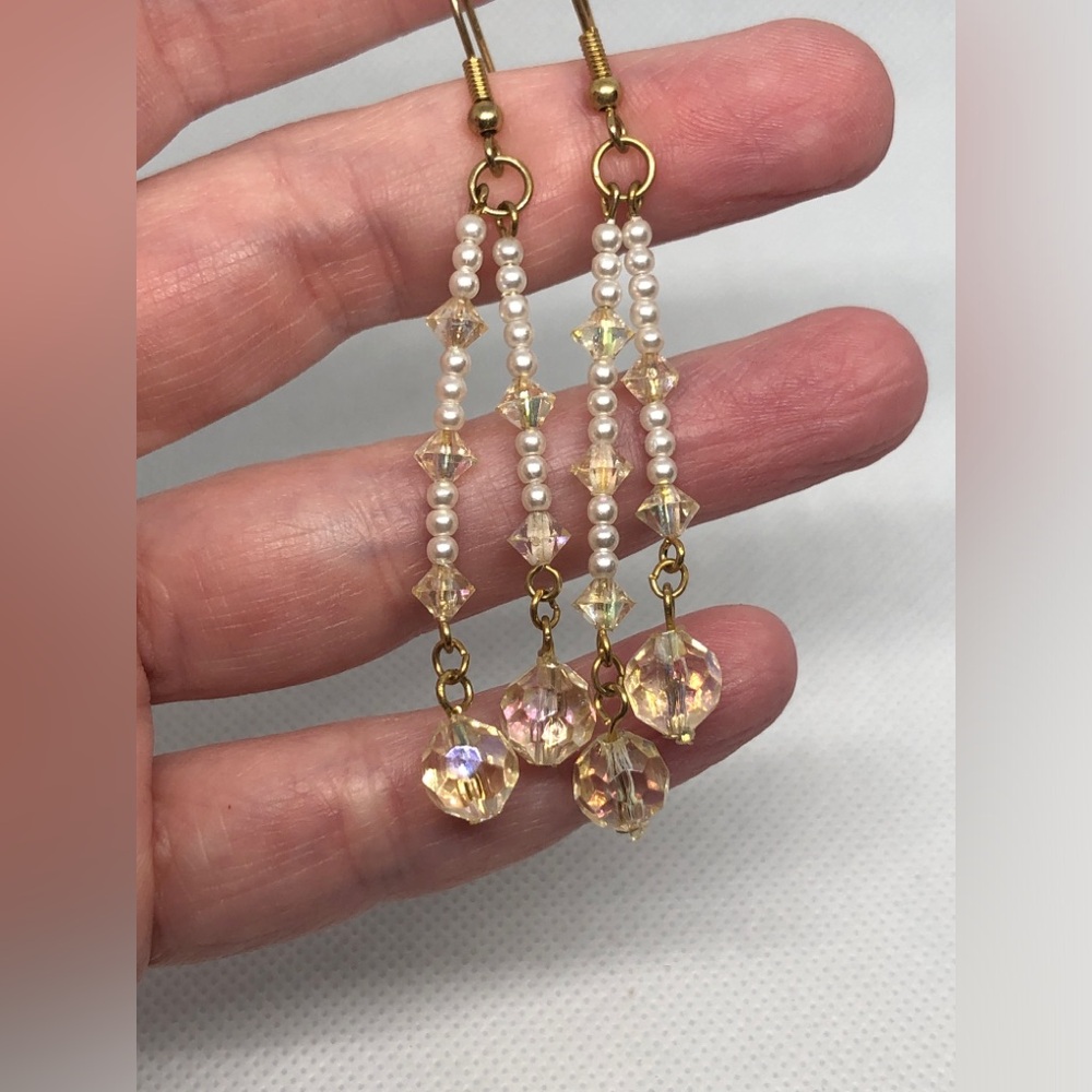 Hand Crafted Iridescent Beaded & Pearl Dangle Earrings - Picture 5 of 5